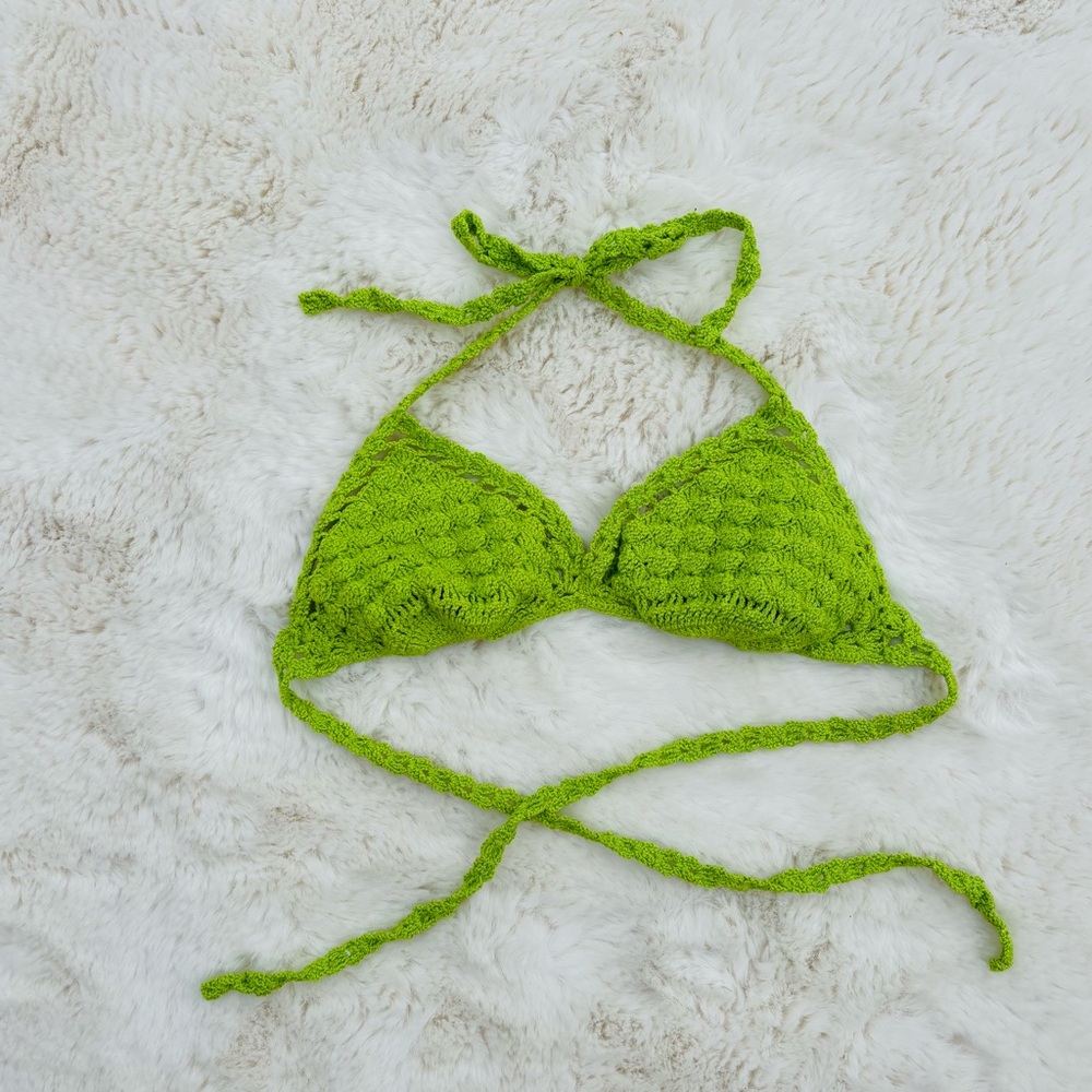 Handmade Crocheted Triangle Bikini Top - Lime Green